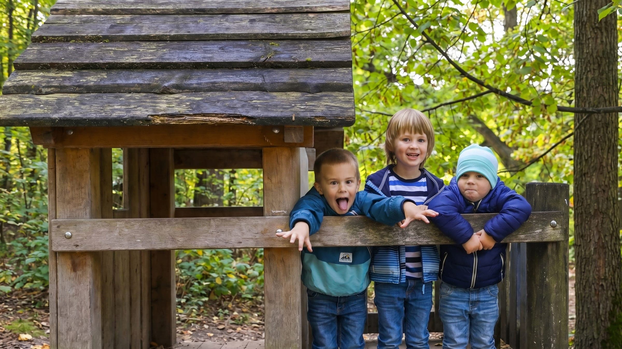 Drei fröhliche Kindergartenkinder auf einem Holz-Spielturm im Garten einer Fit-for-Family-Kita in Wiesbaden