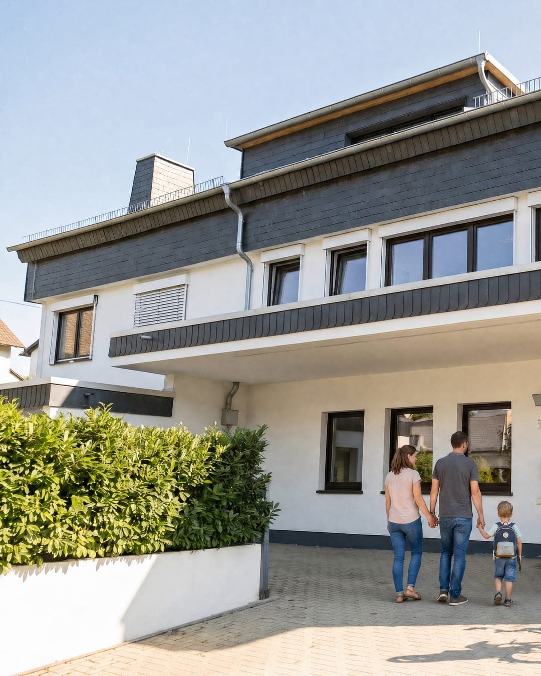 Außenansicht der Kita Fit Kids Bierstadt mit Familie am Eingang