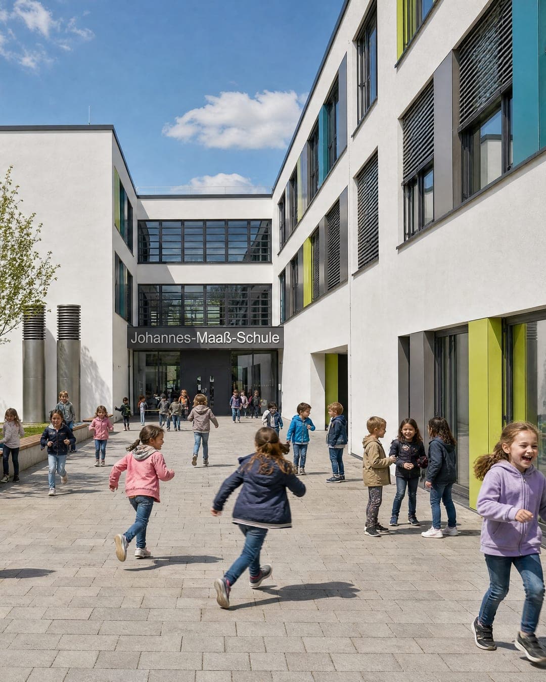 Schulhof der Johannes-Maaß-Schule mit spielenden Kindern