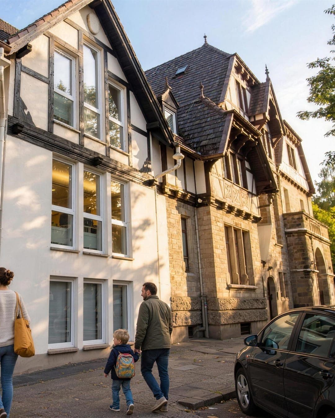 Außenansicht der Kita Stadtmitte mit Familie am Eingang