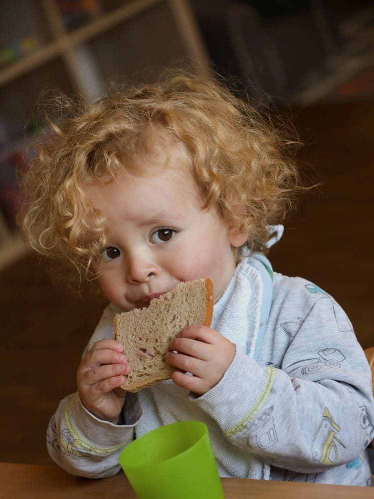 FitKids Kinderkrippe Wiesbaden: Kleinkind beißt beim Frühstück genüsslich in ein Brot