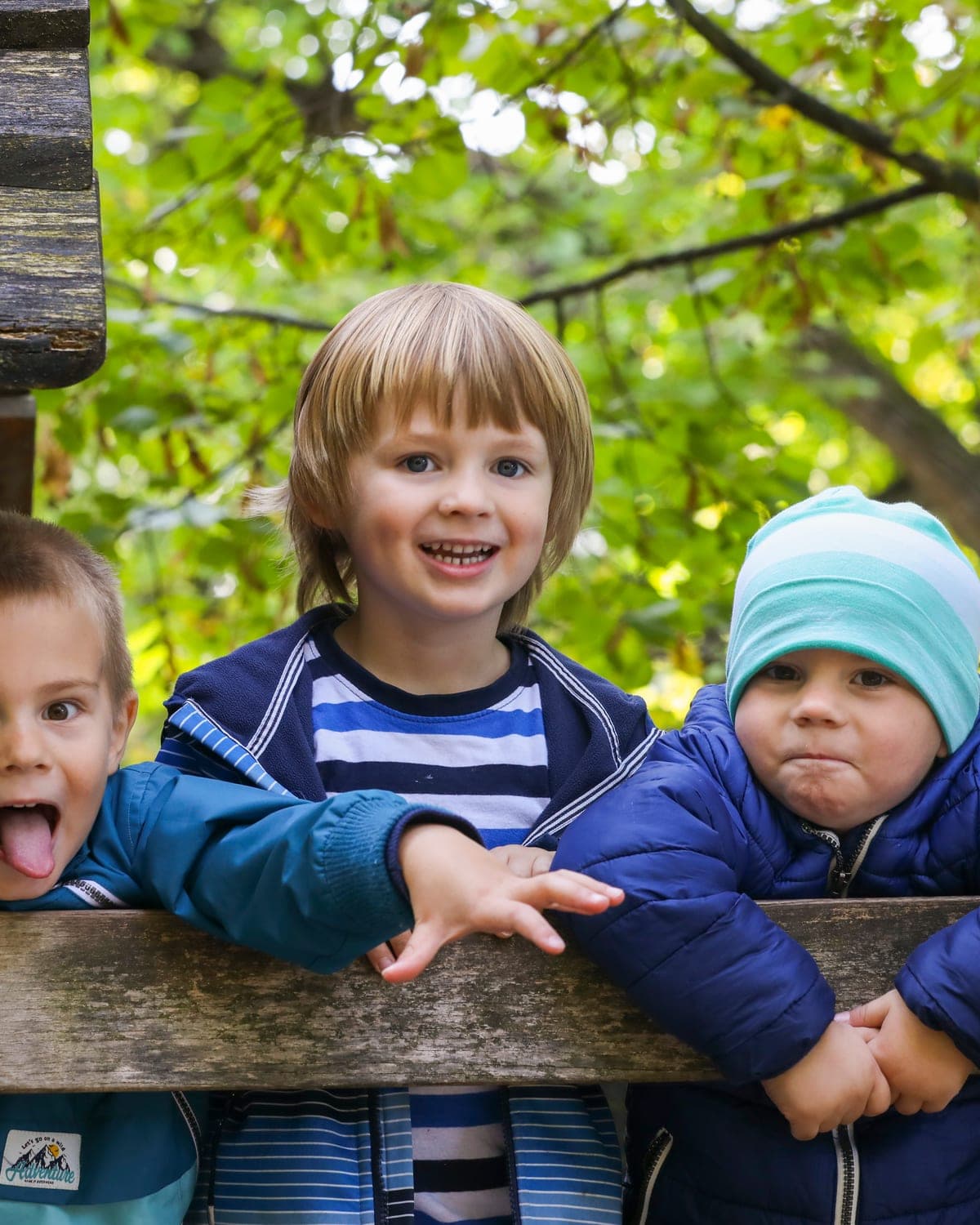 Drei fröhliche Kindergartenkinder auf einem Holz-Spielturm im Garten einer Fit-for-Family-Kita in Wiesbaden