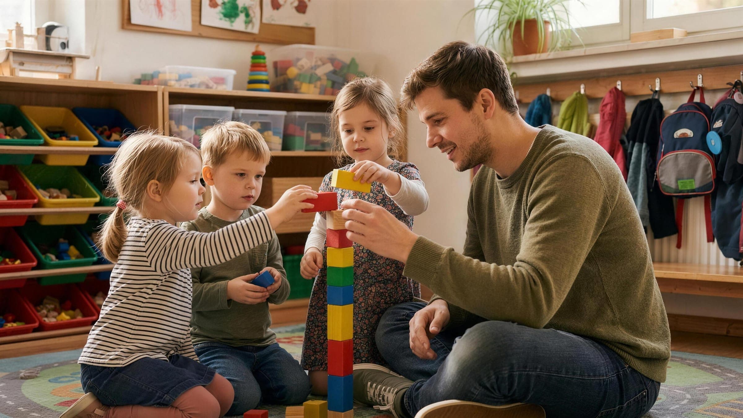 Erzieher baut mit drei Kindern einen Holzklotz-Turm in einem hellen Kita-Gruppenraum in Wiesbaden