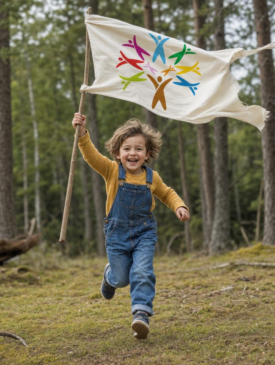 Kind rennt fröhlich mit einer Fahne mit dem Fit-for-Family-Logo durch den Wald