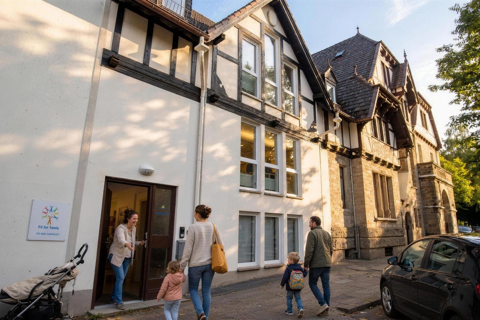 Außenansicht der Kita Stadtmitte in Wiesbaden mit Familie am Eingang