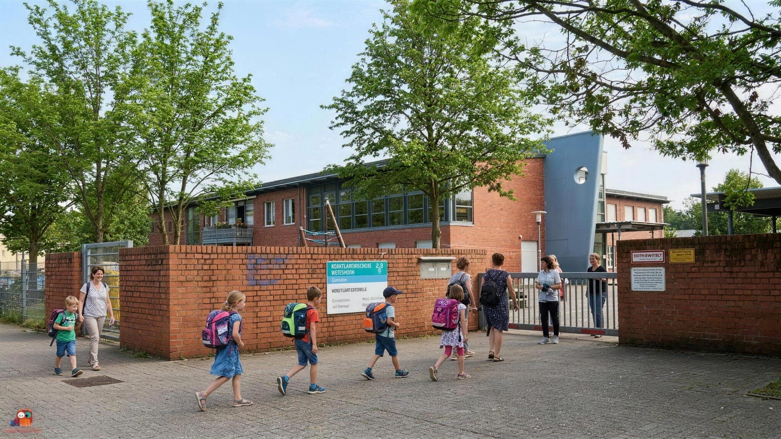 Außenansicht der Krautgartenschule in Wiesbaden-Kostheim — Kinder werden zur Schule gebracht