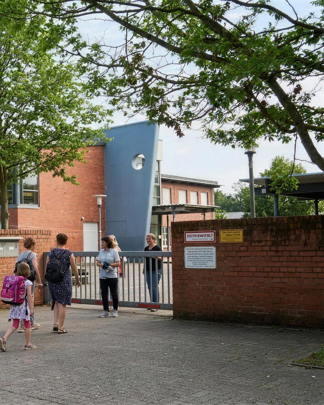 Außenansicht der Krautgartenschule Wiesbaden-Kostheim im Sommer, Kinder werden zur Schule gebracht